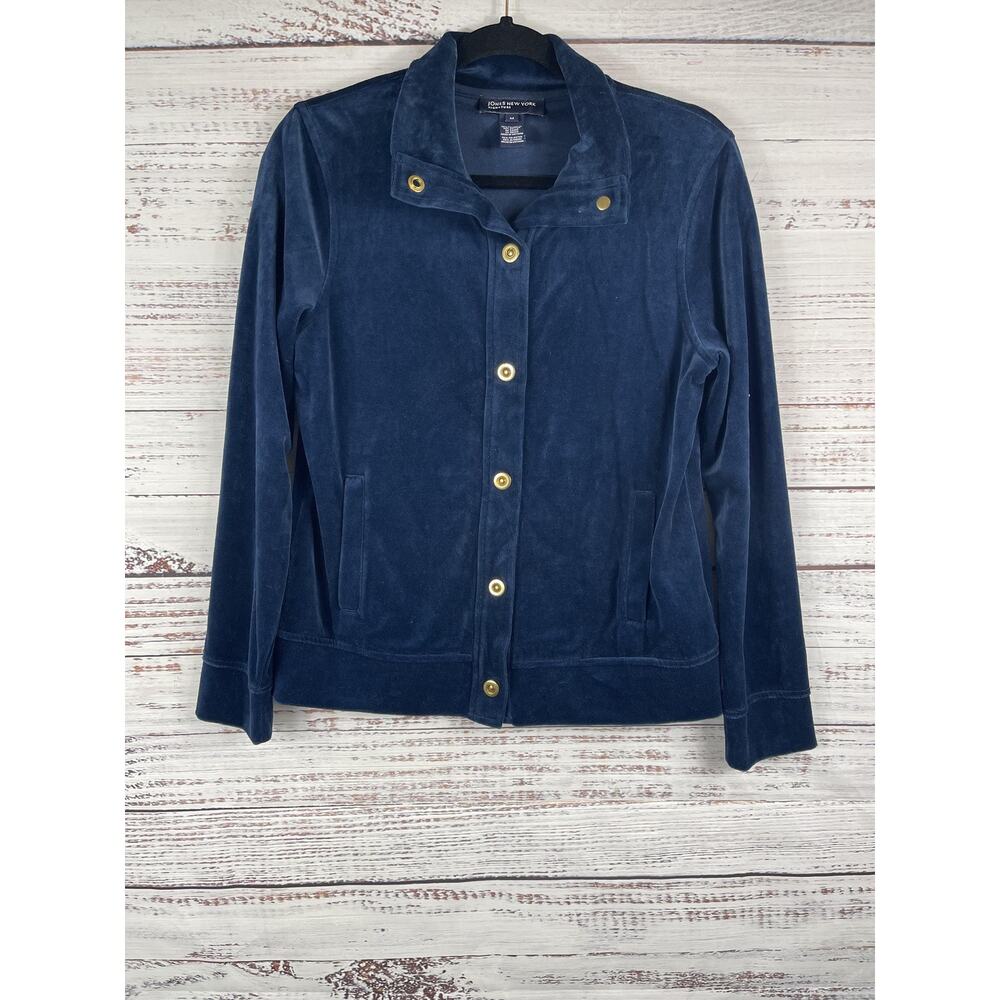 Jones New York Jacket Women's Size M Blue Velour Snap Front Pockets Long Sleeve - Picture 1 of 7